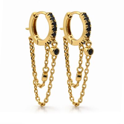 Hinged Hoops Zirconia Black Double Chain 12MM